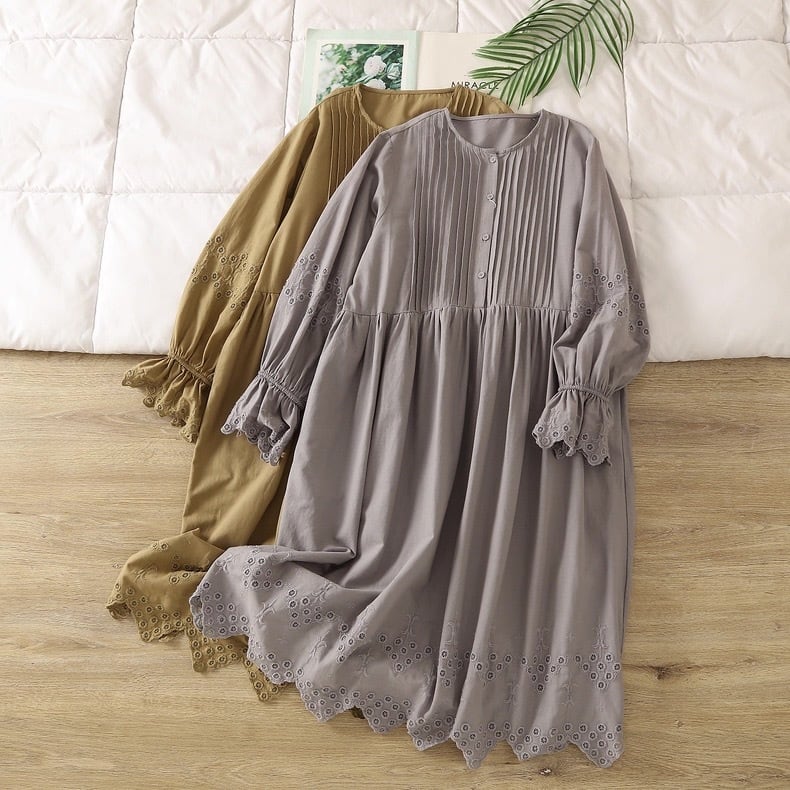 フロントピンタック 刺繍デザインロングワンピース 2color fu0949