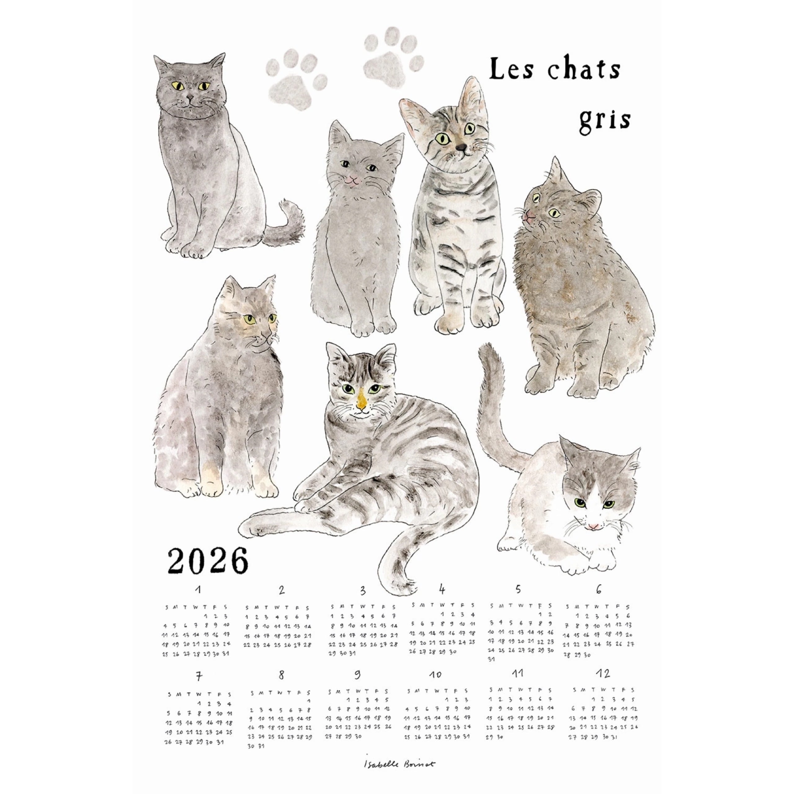 Isabelle Boinot / fog linen work|2026リネンカレンダークロス(グレーの猫たちいろいろ)