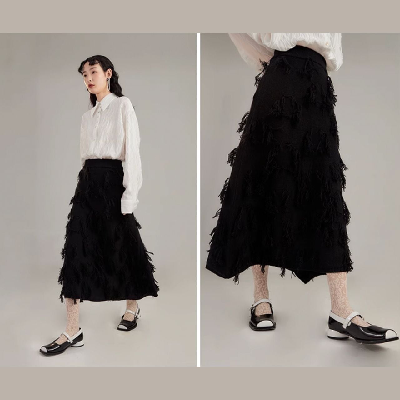 Diffusione Tessile「ELFO」ニットジャージー スカート 動きが出るフリンジニットスカート E00382 | EMMA GRAND