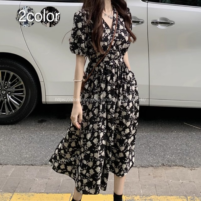ワンピース オールオーバー花柄 サープリス ネックライン ドレス　 人気　レディース きれいめ 半袖 韓国レディース　ファッション