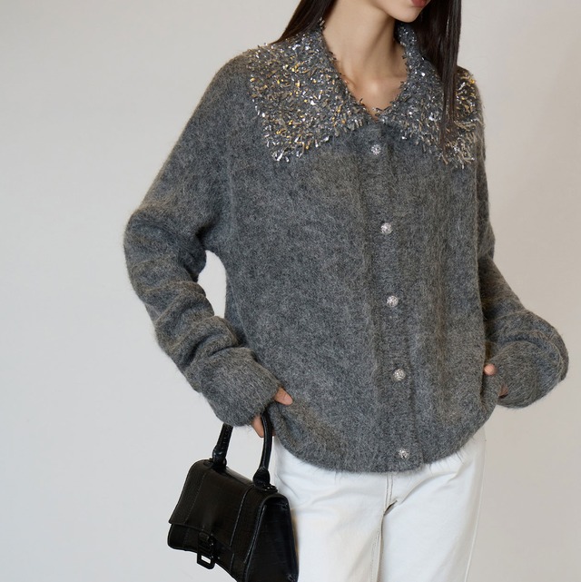 grey big-collar knit<t2985>