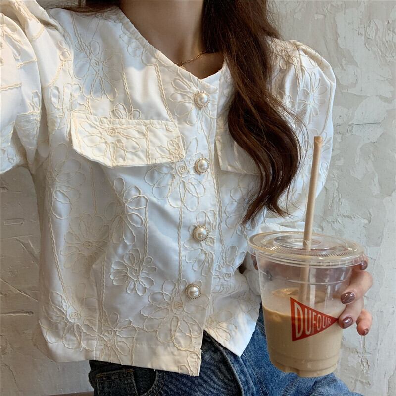 スタンダードスリーブシャツ スプリングルーズVネックショートトップス レッド レトロ 刺繍 春物 クレセントシティ51567146320