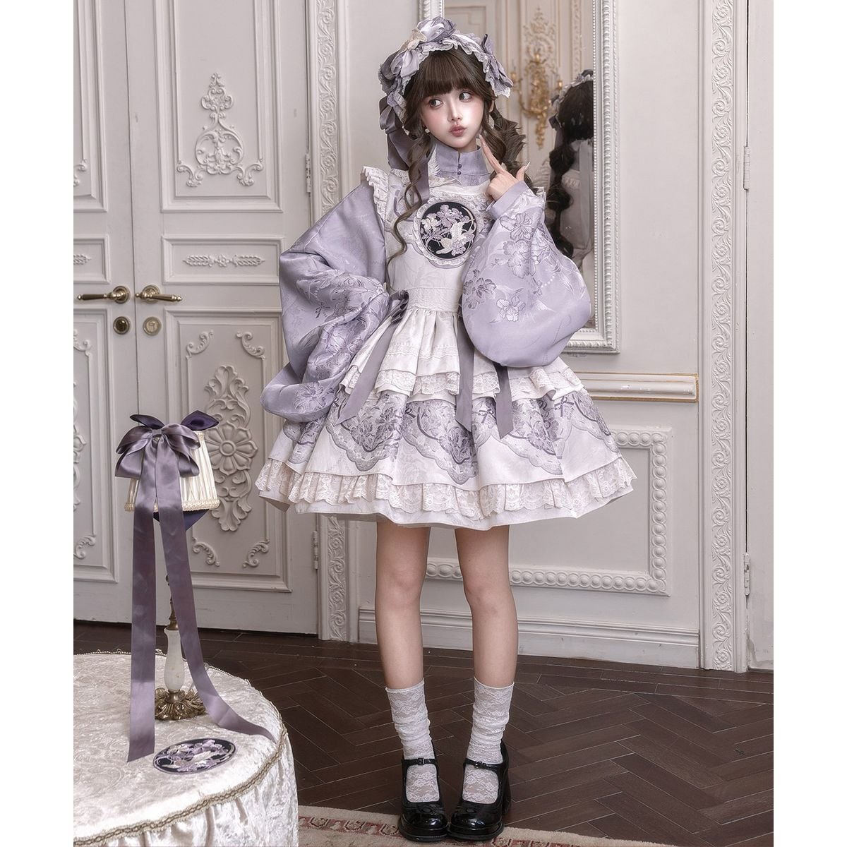 新品タグ付 リナシメント フリルワンピース パープル XS 結婚式 チャイナノスタルジーパープル姫袖ワンピース：ダークパープルトップス