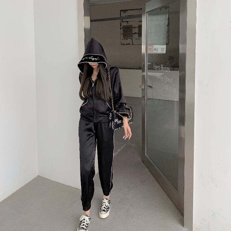 オールマッチルーズ長袖フード付きセーターカーディガンジャケットレディース2020秋ニューローズレッドカジュアルトップス ブラックストロベリース95872526037