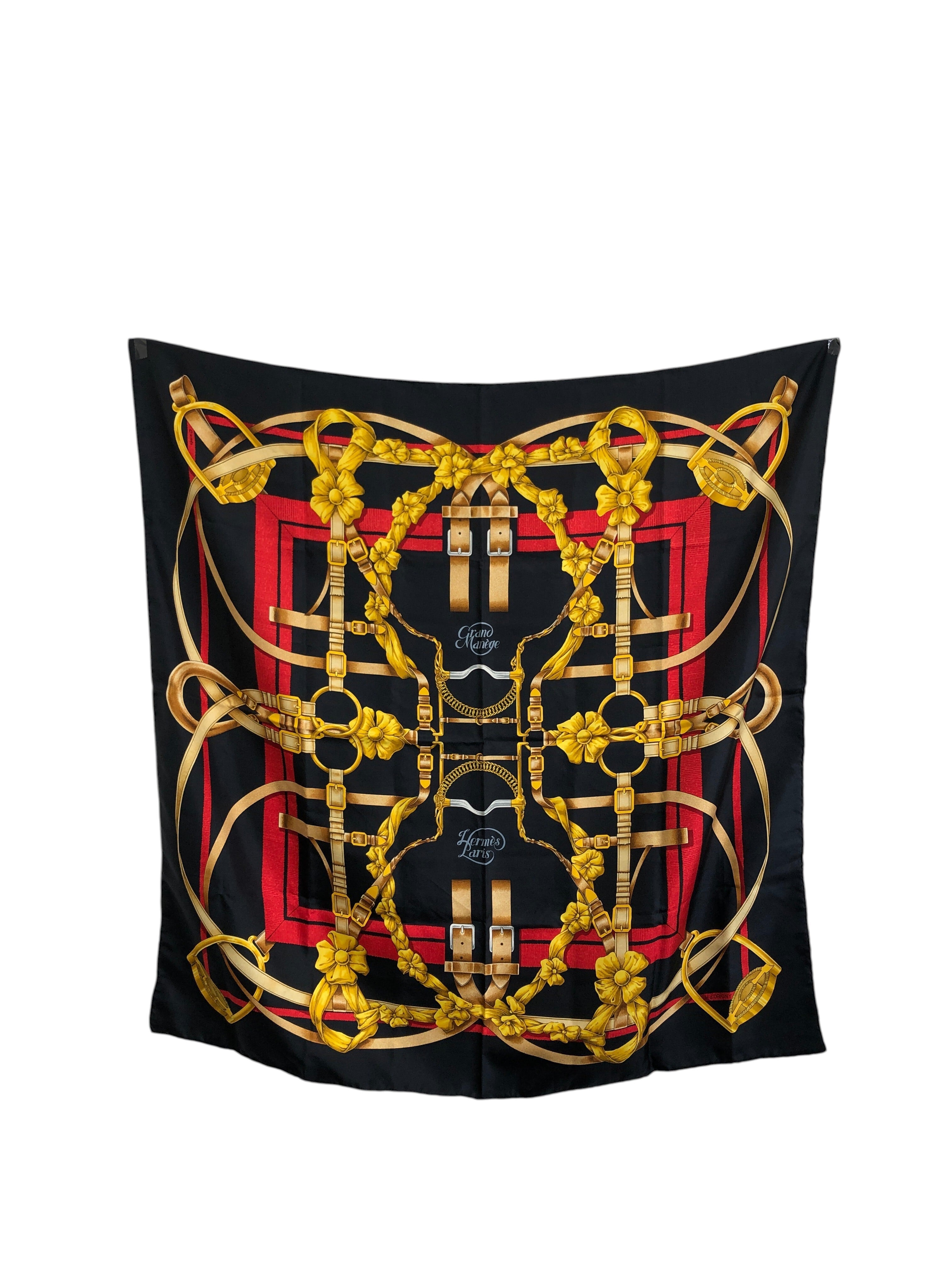 HERMES エルメス カレ90 スカーフ ブラック×ゴールド ベルトモチーフ シルク grand manege vintage ヴィンテージ オールド bz5cun