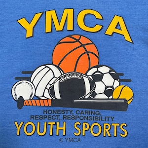 【FRUIT OF THE LOOM】90s メキシコ製 YMCA アーチロゴ スポーツプリントTシャツ シングルステッチ OLD ビンテージ S US古着