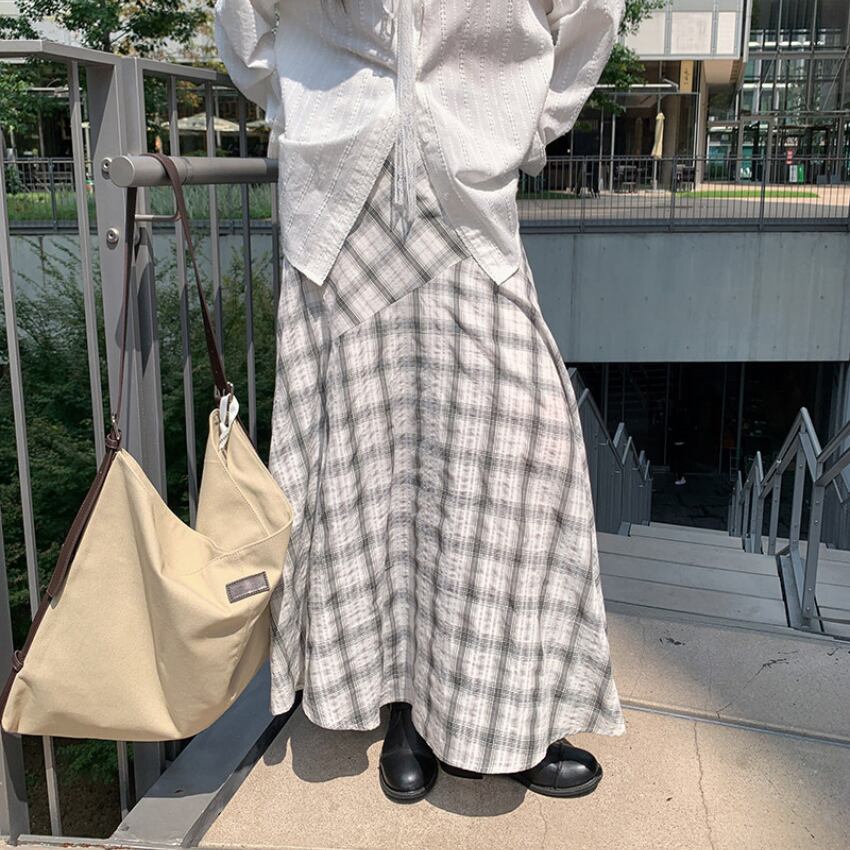 check panel long skirt　J00501