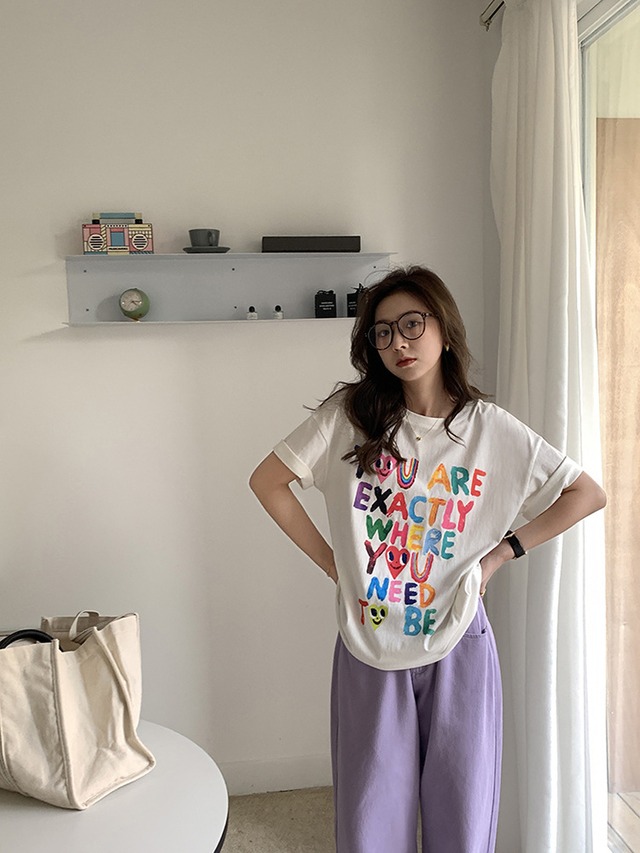 【新作即納】レディース半袖Tシャツ　カラフル　印字Tシャツ　韓国ファッション　綿100%　フリーサイズ　
