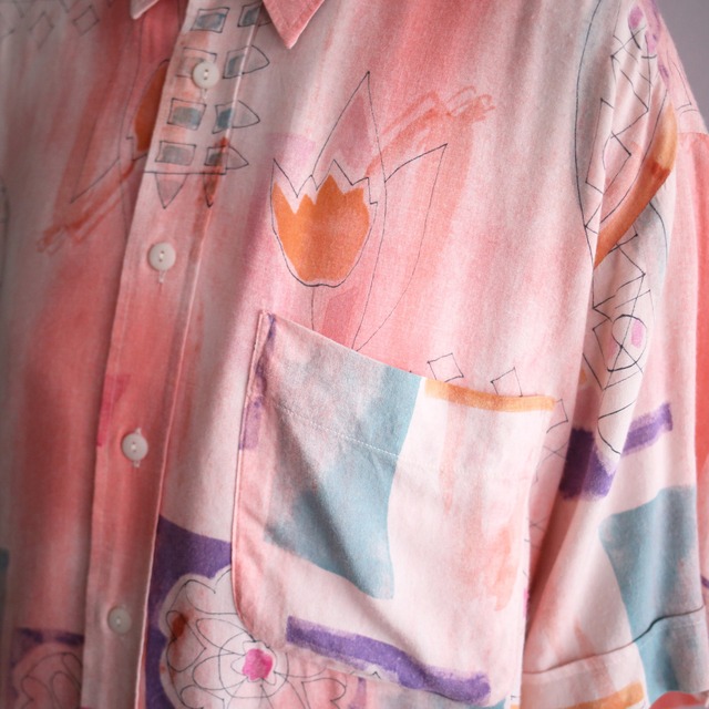 flamingo pink flower and geometry pattern loose h/s shirt