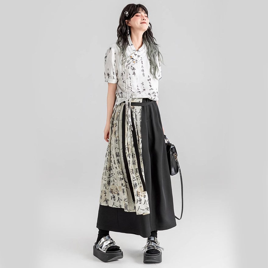 チャイナ風 ワイドパンツ プリーツ レイヤード スカート風 KEIKOシリーズ 漢字プリント