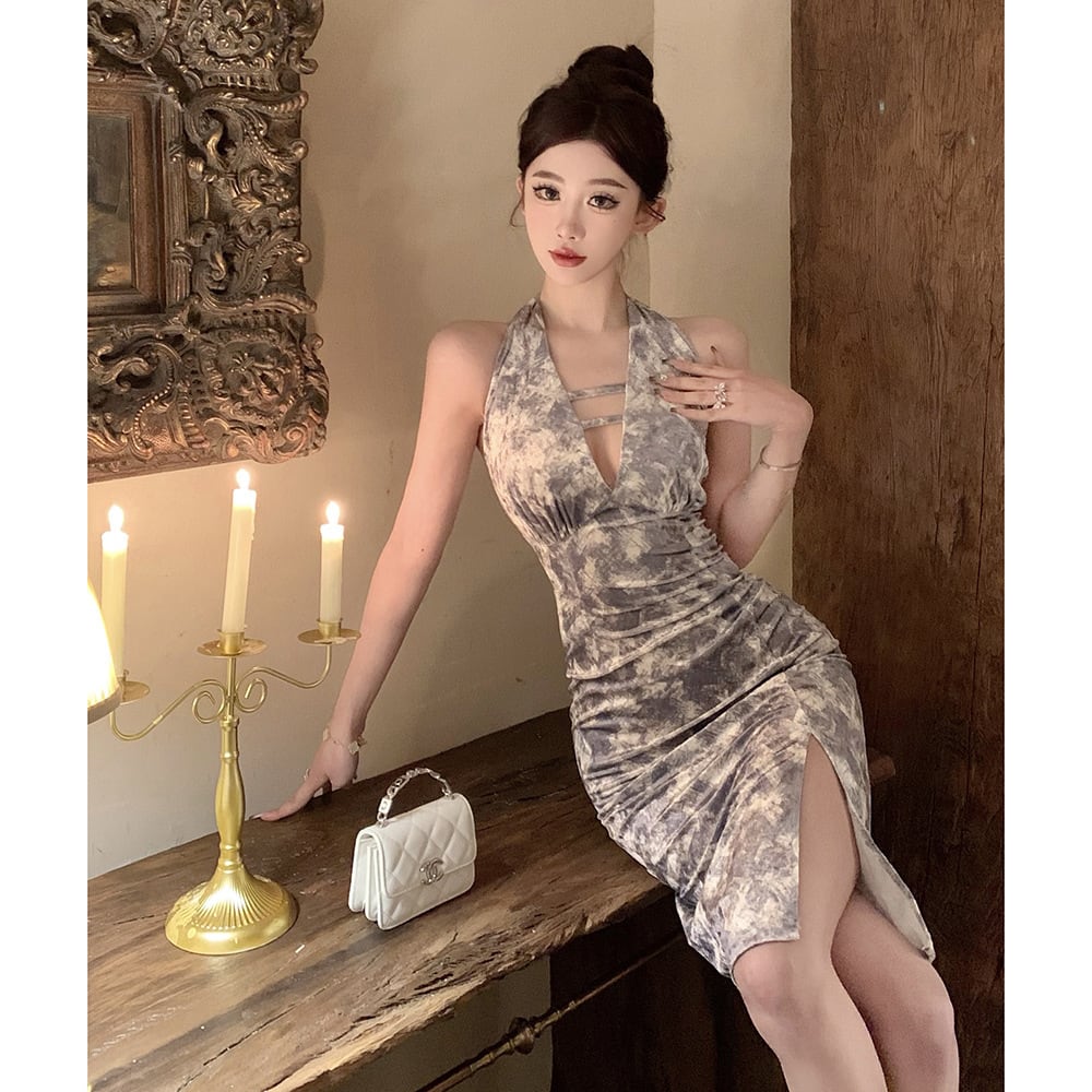 【新作】【送料無料】 2024 夏の新スタイル東南アジア小さなセクシーなホルタースタイルベルベットインク染色スリムフィットヒップドレスドレス 7939 011380798133