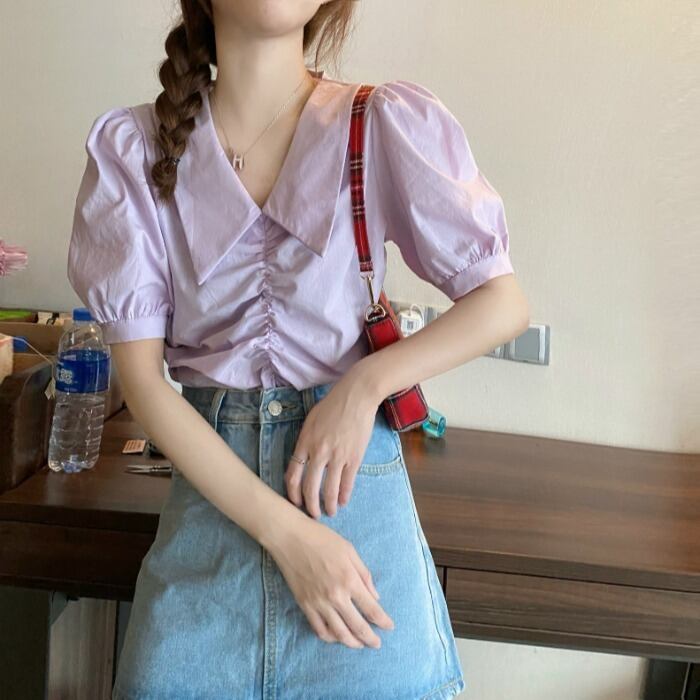 2020年夏のニュースタイルパフスリーブレトロ香港フレーバーパープルトップシャツ女性デザインセンスニッチフォールドスモールシャツ 1号婦人59012220135