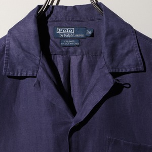 美品 S ネイビー シルクリネン ミント刺繍Caldwell ポロラルフローレン 半袖開襟シャツ 紺色 Polo Ralph Lauren