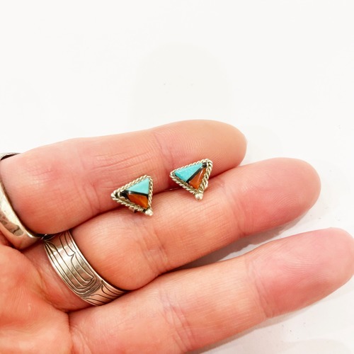 Vintage Southwestern Turquoise Coral Sterling Studs Earrings