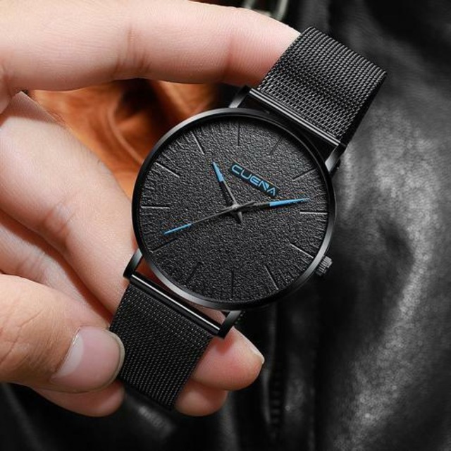 メンズ　超薄型　腕時計　ラウンド　ブラック　黒　クォーツ　防水　高級　トップブランド　Trendy-3-black-black-blue(A)