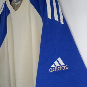 90s　アディダス　ラグランTシャツ　半袖　ストライプ　刺繍ロゴ　白　青