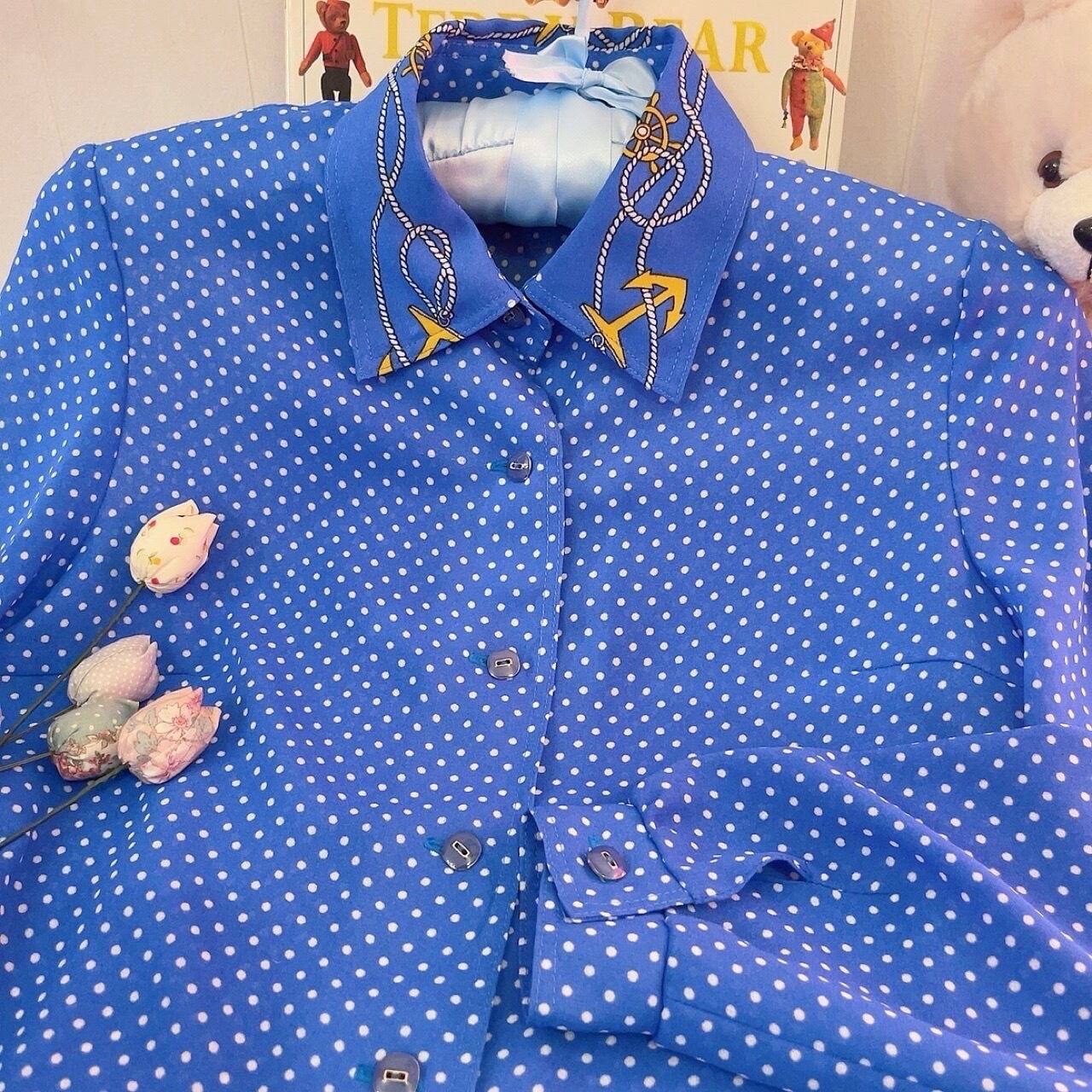 marine dot blue shirt