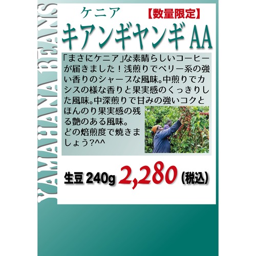 【数量限定】ケニア キアンヤンギAA　生豆240gを焙煎