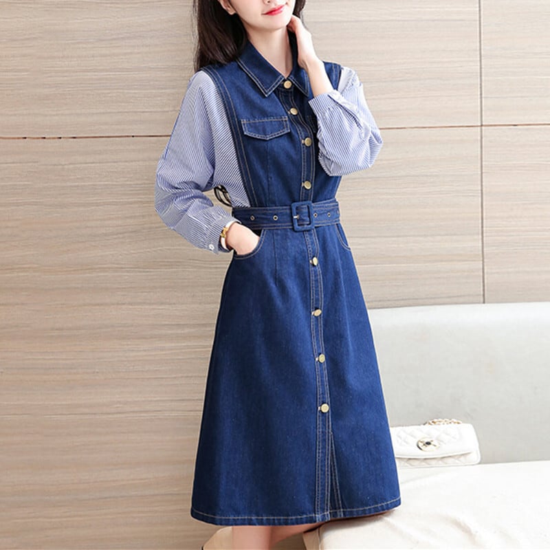 ワンピース 大きいサイズ カジュアル 重ね着風 デニム 配色 長袖 ダークブルー S M L Xl 2xl Dresszone