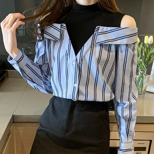 オフショルダーストライプシャツ　23139