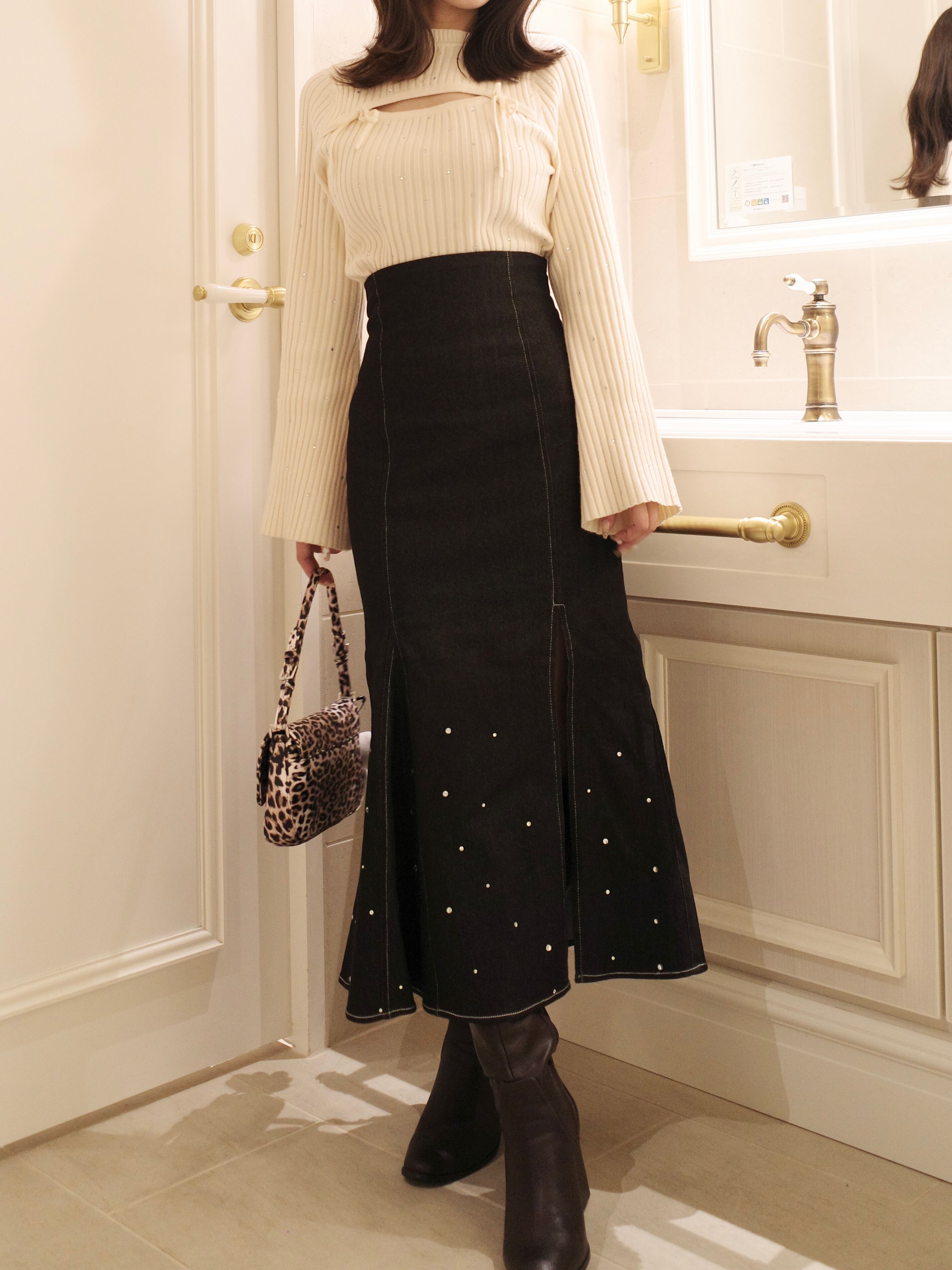 original/再入荷】rhinestone flare sleeve knit(ivory) | POMME d