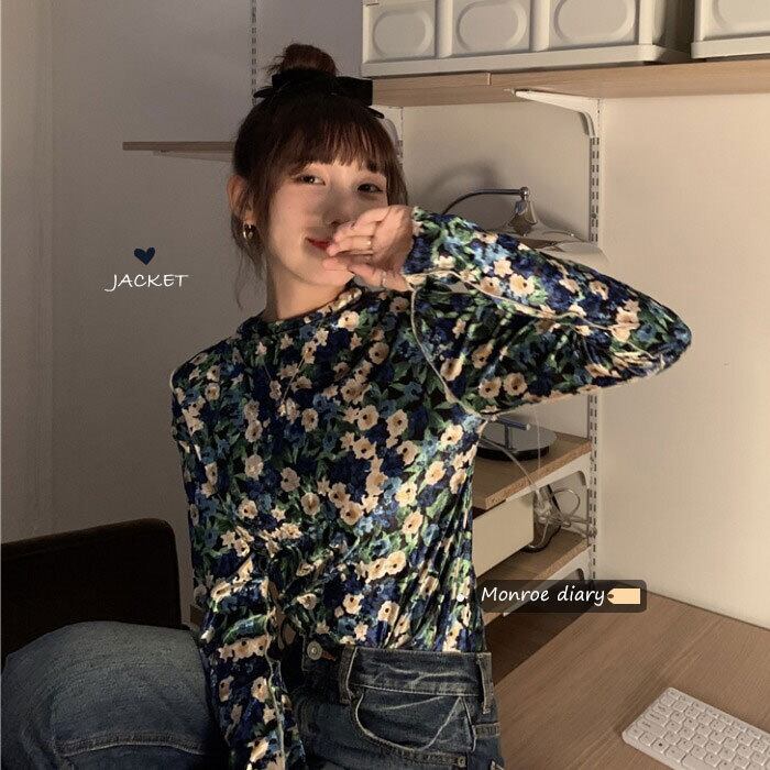 スタンダードスタイルフローラルシャツ レディーススプリングロングトップス Tシャツ レトロ 長袖 春物 花柄 モンロー43223024016