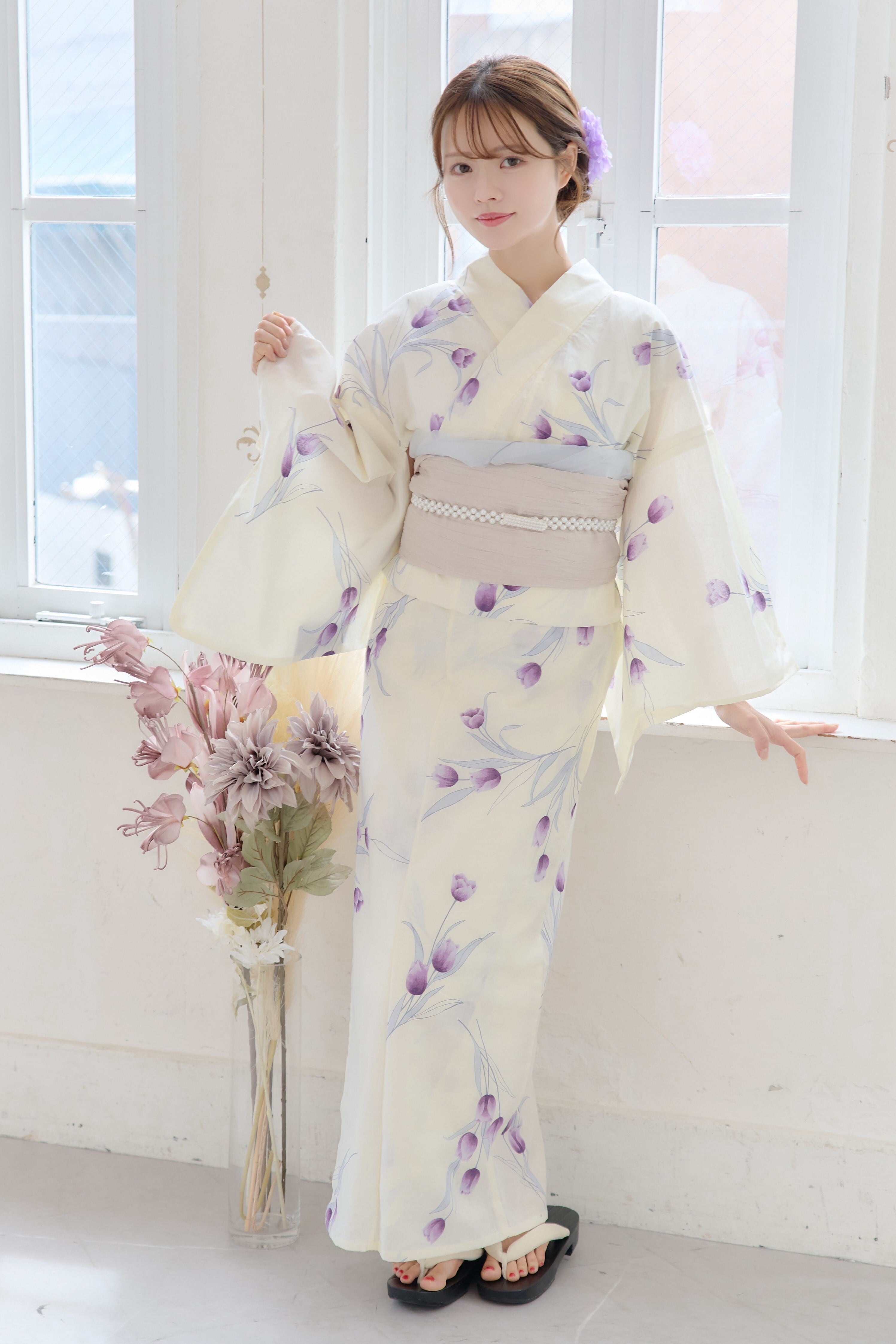 浴衣4点セット淡藤チューリップの花調べ【帯:ラメサンド】Y4-29