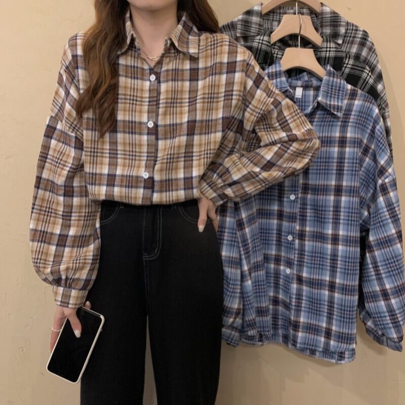 オータムスタンダード格子柄ルーズ薄手カジュアルスリーブシャツ レトロ 秋物 YY-ファッション32514297532