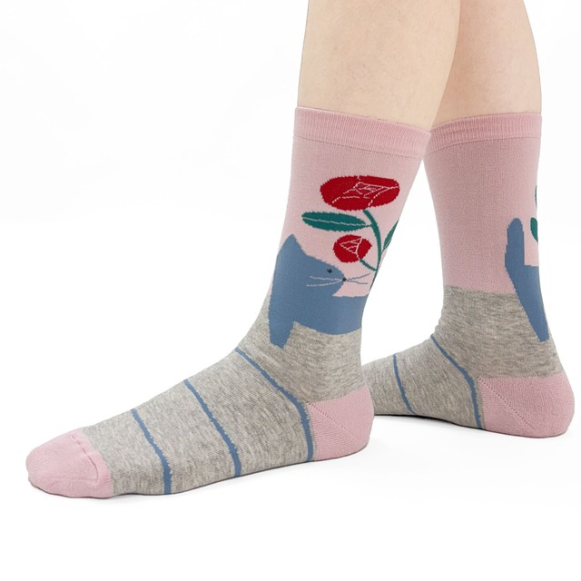 【JIN KITAMURA】北村人 SOCKS RED FLOWER & CAT ソックス 赤い花と猫