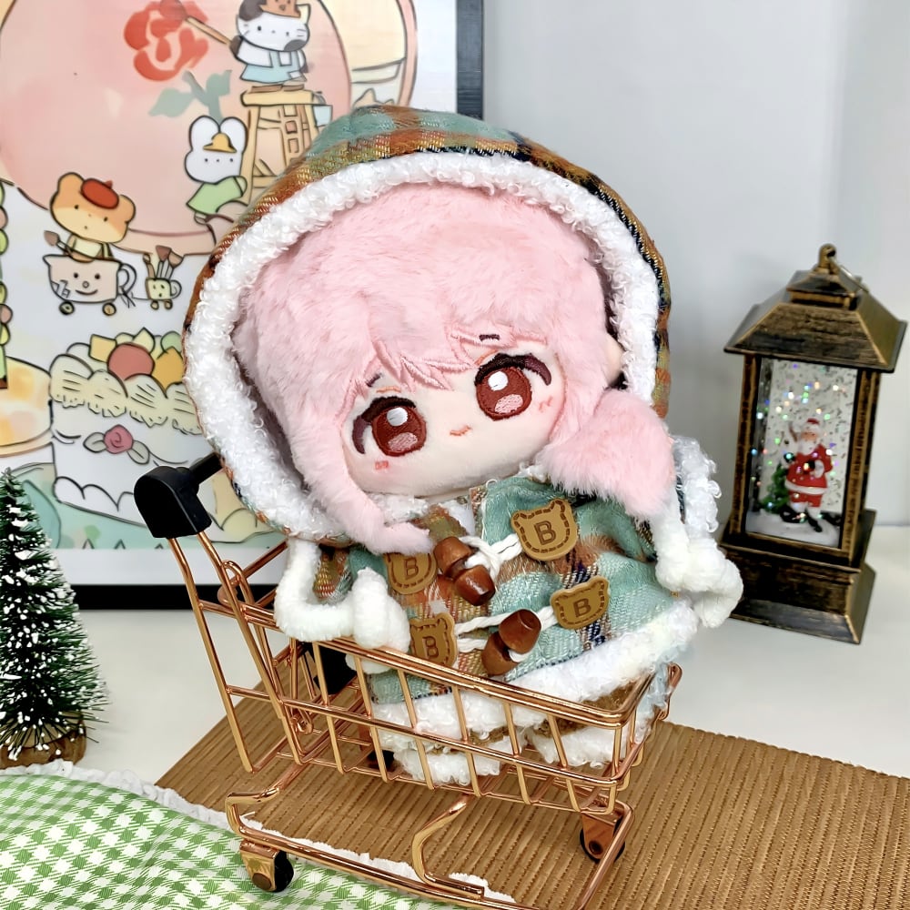 10cmぬいぐるみ用 秋冬 チェック フード付きジャケット+パンツ 着せ