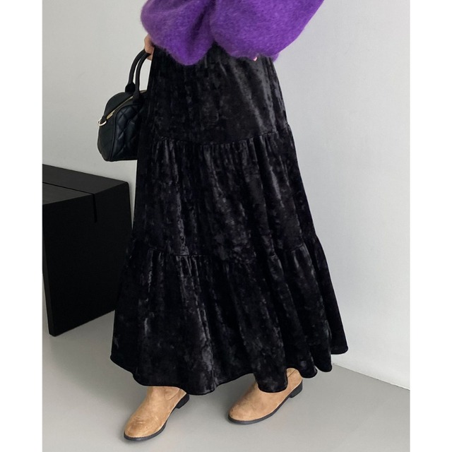 velour tiered long skirt　J00333
