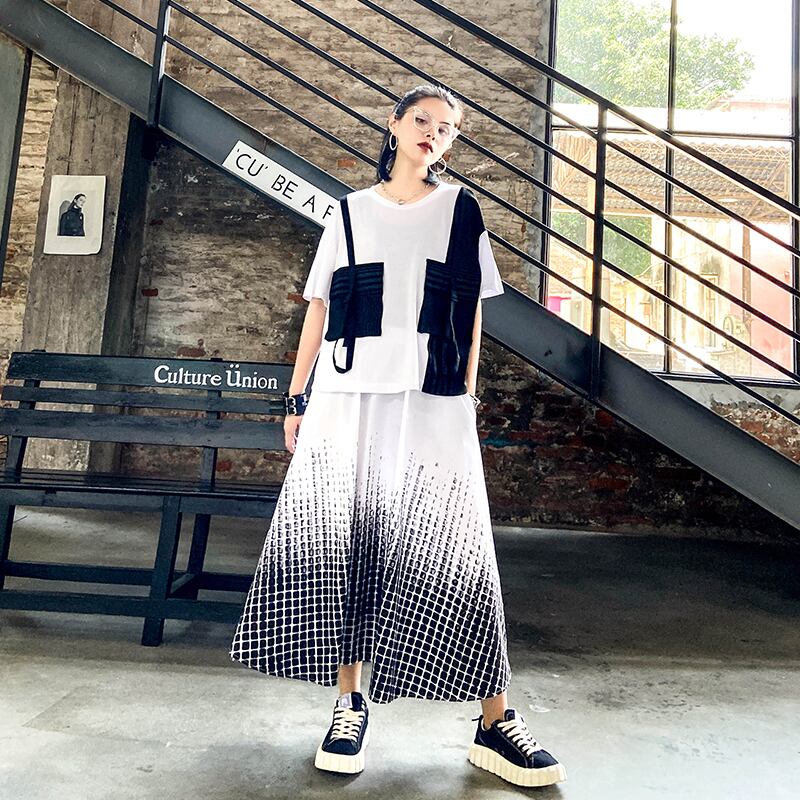 スカート サマーハイウェストウェストプリント柄薄手Aラインロング レッド 大きめサイズ 夏物 ラブタオタオダレンハウス6258190118