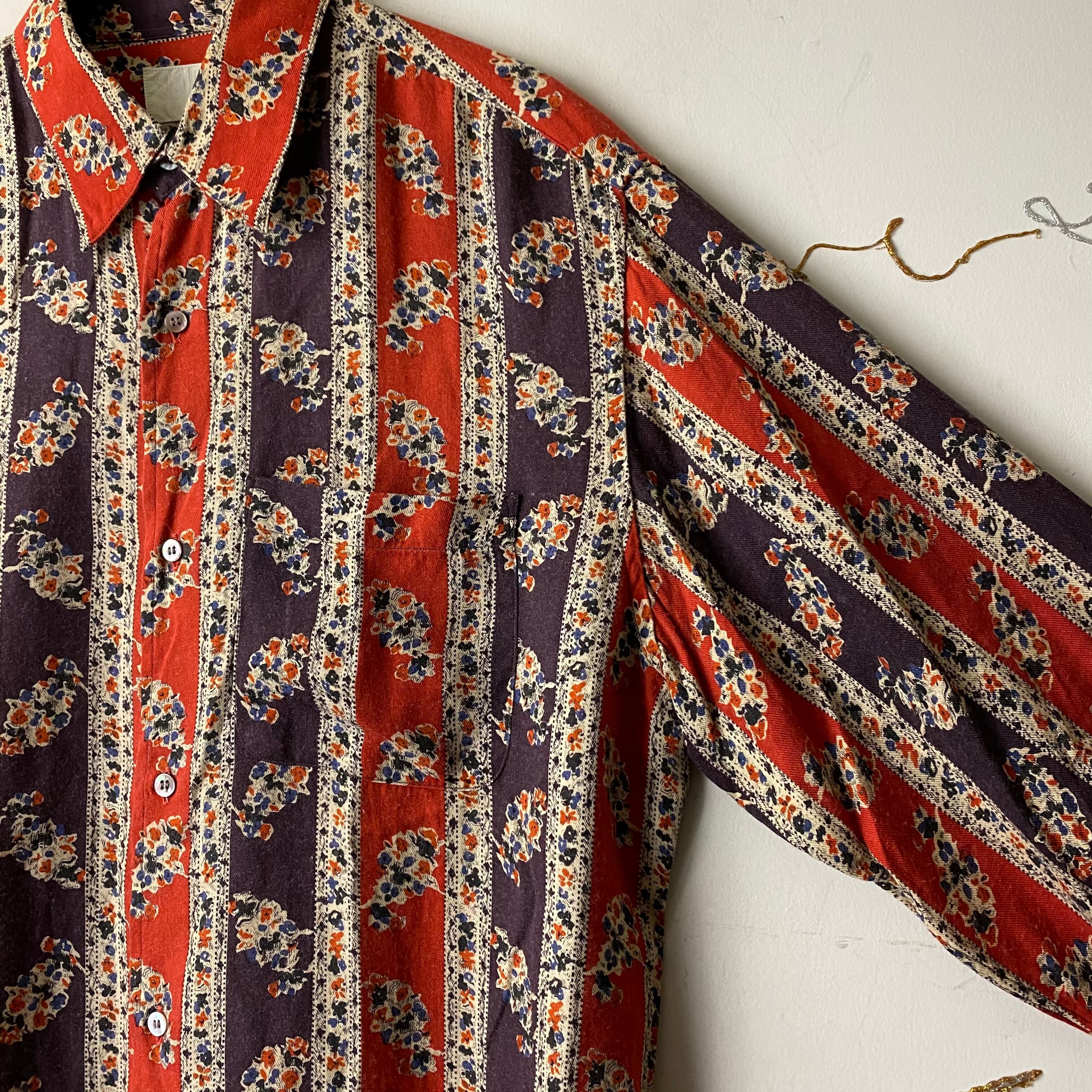 vintage TAKEO KIKUCHI botanical×stripe pattern rayon shirt | NOIR