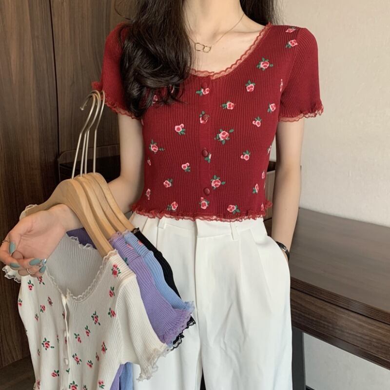 スタンダードニットカーディガンスタイルフローラルショートブラウス レディース レトロ 花柄 ステッチ ハンチェンe8671408469