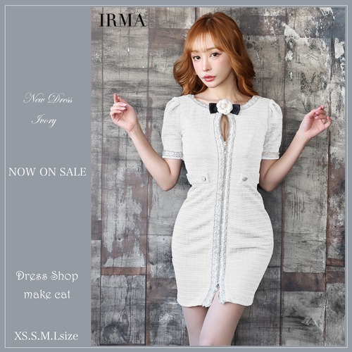 【IRMA JEAN MACLEAN】【即納】【当店特別価格】【税込】【IRMA】コサージュ付き/ フロントジップ/ ツイード/ 半袖/ 袖あり/ タイト/ ミニドレス/ キャバドレス [35907]