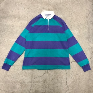 90s LANDS`END/Rugby shirt/USA製/M(WOMENS)/ラガーシャツ/長袖ポロ/ポロシャツ/パープル/グリーン/ランズエンド