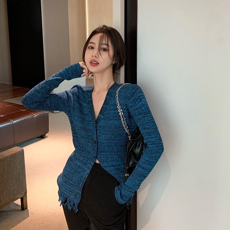 ニットセーター トップス スプリングスタイルブルーカーディガンジャケット 春物 ブラックストロベリース22536644116