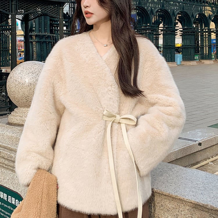 Collarless waist ribbon fur coat 00216