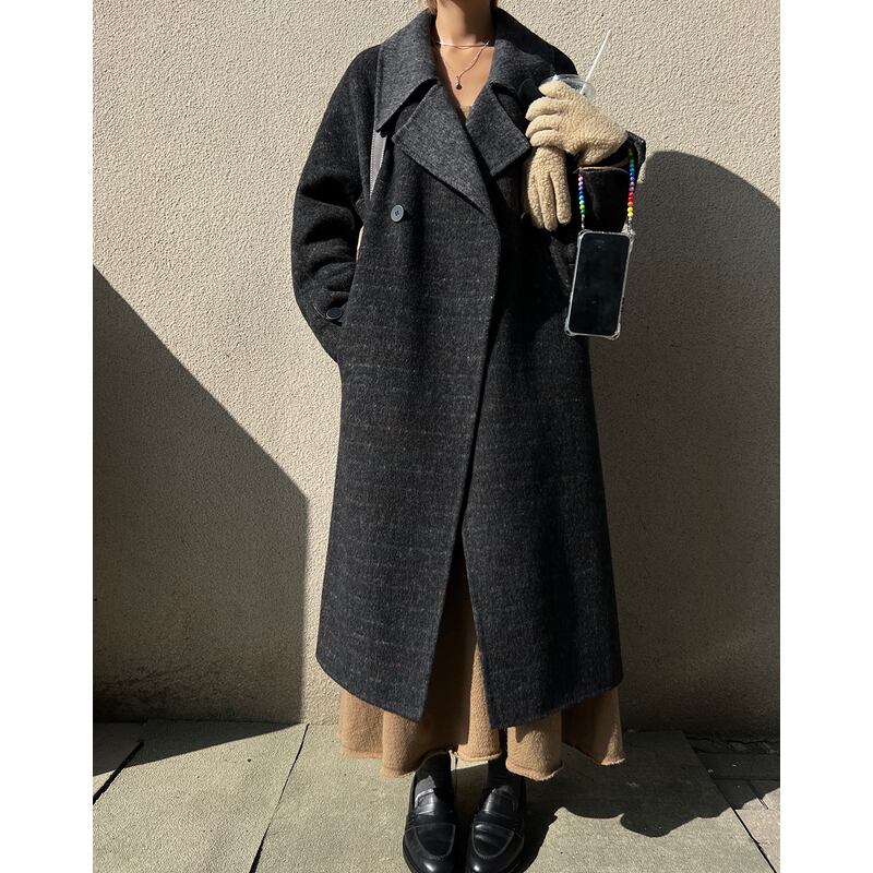 チェック柄両面ウールロングコート OJ0236