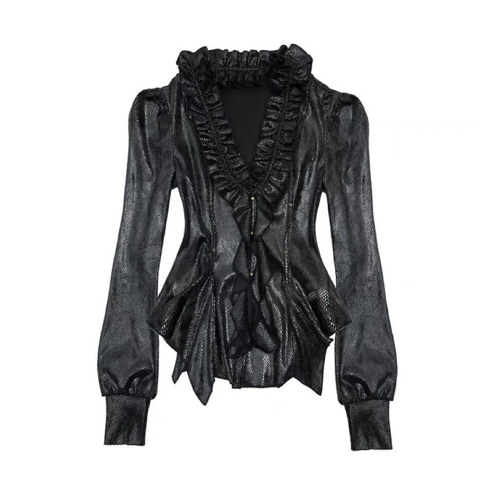 NO ROMANCE] Vintage Modern Delicate Gloss Serpentine Slim Shirt ｜長袖