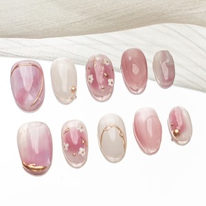 【特価処分】Sun&Beam Nails 手作り ネイルチップ ショート 短め ラウンド ピンク 白 金 手描き フラワー つけ爪 ニュアンス デザイン おしゃれ 付け爪 10枚入 (#172 L)