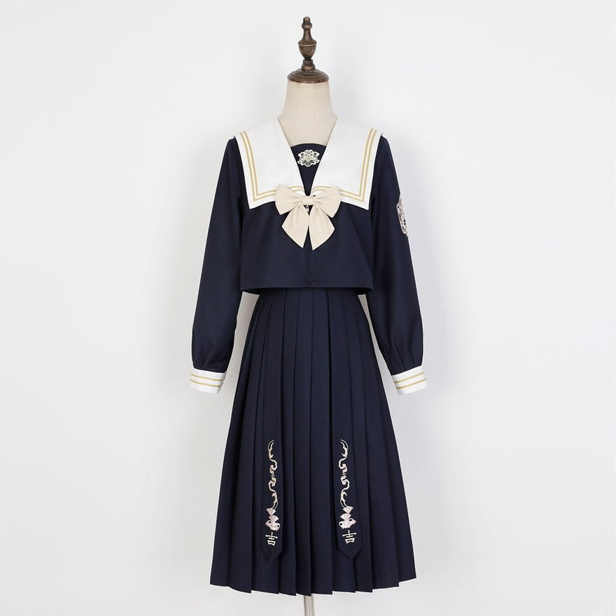 セーラー服 上下セット ロング丈 プリーツスカート 刺繍 ZIPアップ