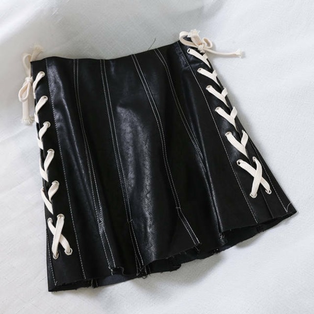 編み上げ スカート ブラック かっこかわいい シンプル 原宿   2019韓国ファッション