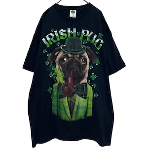『美品 lucky clover dog Irish pug animal checked logo design big silhouette over size T-shirt』USED 古着 四つ葉 クローバー 幸運 ドッグ 犬 パグ アニマル 動物 チェック ロゴ ビッグ シルエット オーバー サイズ Tシャツ