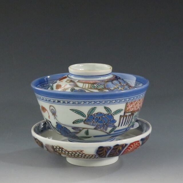 古伊万里　染付蓋茶碗　江戸時代　3客 伊万里(江戸時代 1860年頃) 染錦 富貴蝙蝠図見立て蓋碗 1客