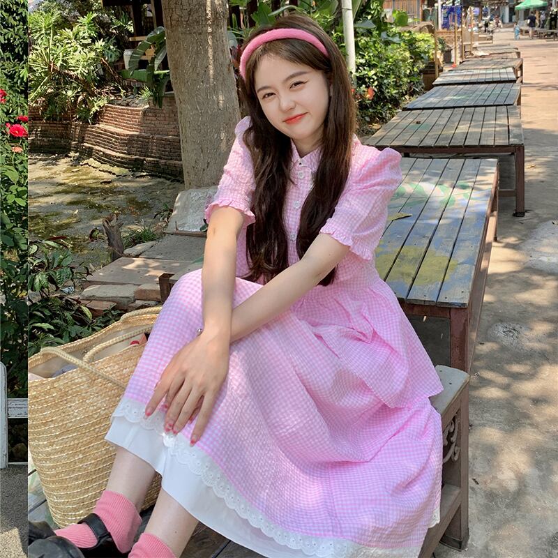 レッドサマー格子柄シャツ レーススカート ピンク ストリート 大人ガーリー スウィート キュート カジュアル 夏物 萌量不足72195614577