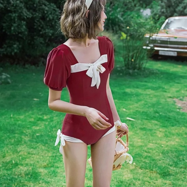 お取り寄せ商品 水着 ワンピースタイプ リボン パフスリーブ レトロ風 可愛い お洒落 2点セット Candy Melts