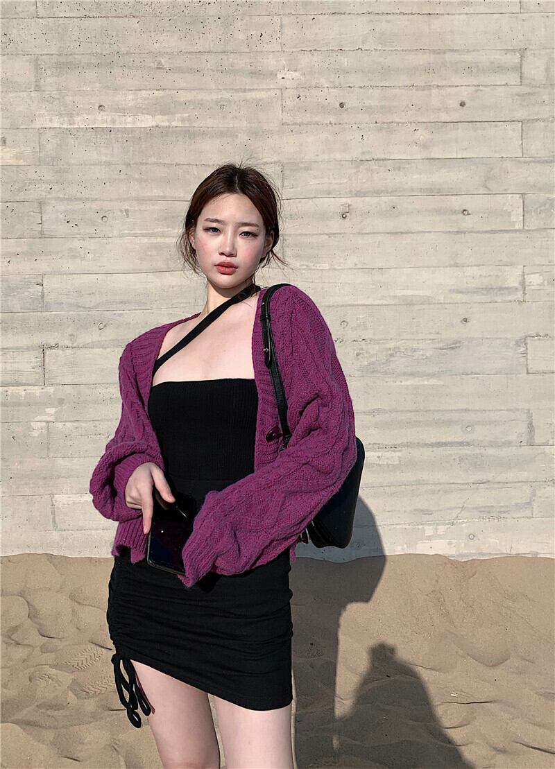 セーター スリムショートニットトップス オータムウィンタースタイルカーディガンジャケット 秋物 冬物 ブラックストロベリース71076090832