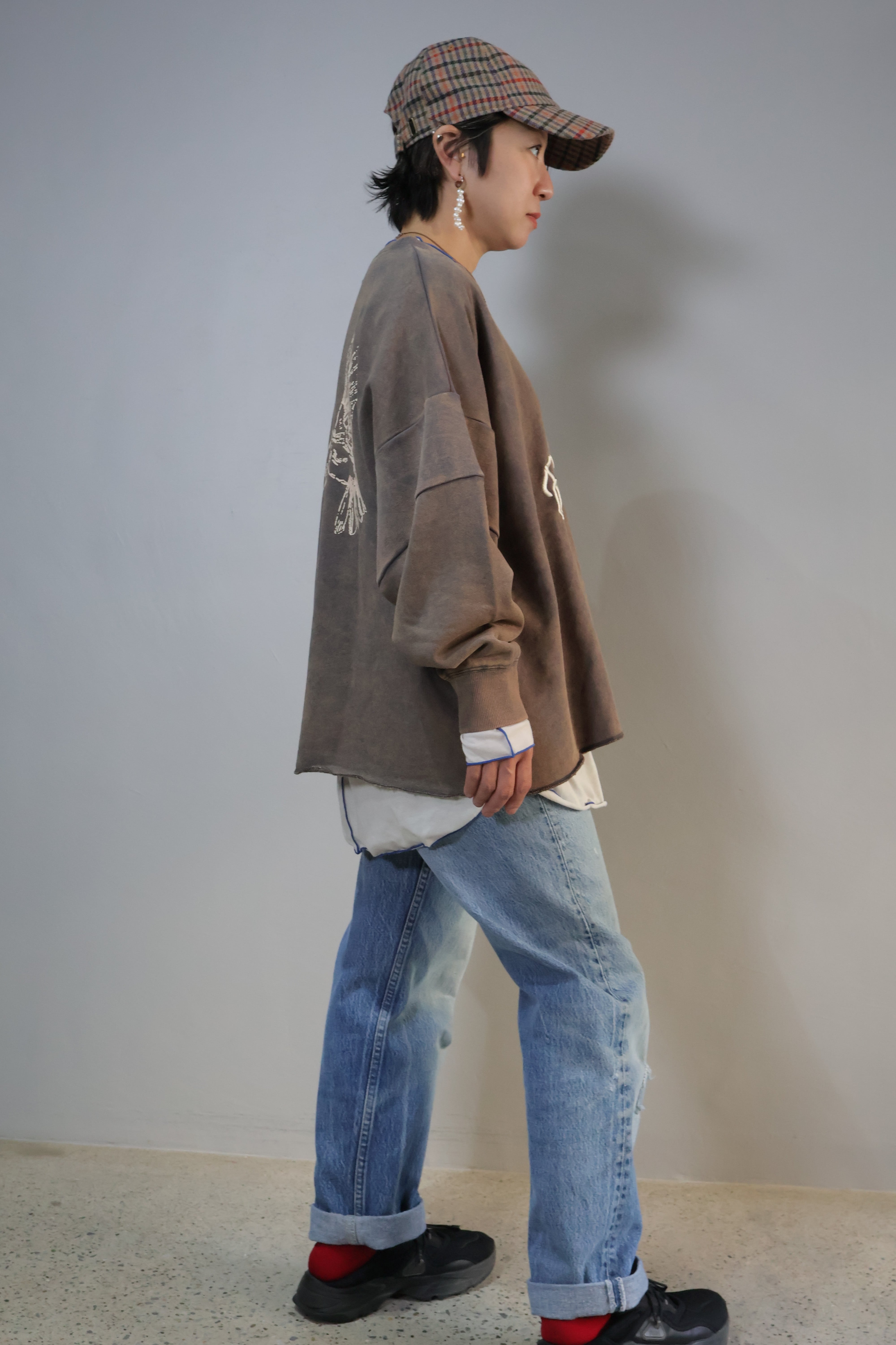 裏毛ビンテージ加工刺繍ロゴ＆鳥prtクルー【12509-338-10】2025AW