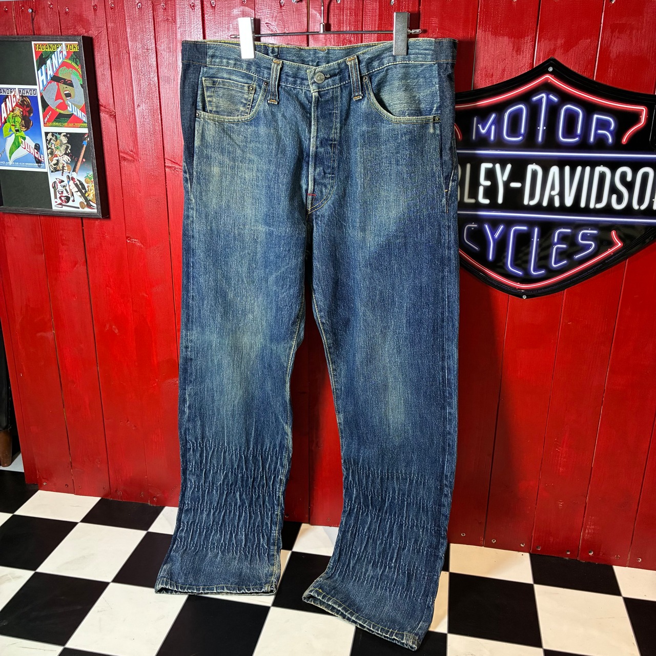 USA製PREMIUM DENIM 虎刺繍デニムパンツ　ボタンフライ　赤耳　濃紺